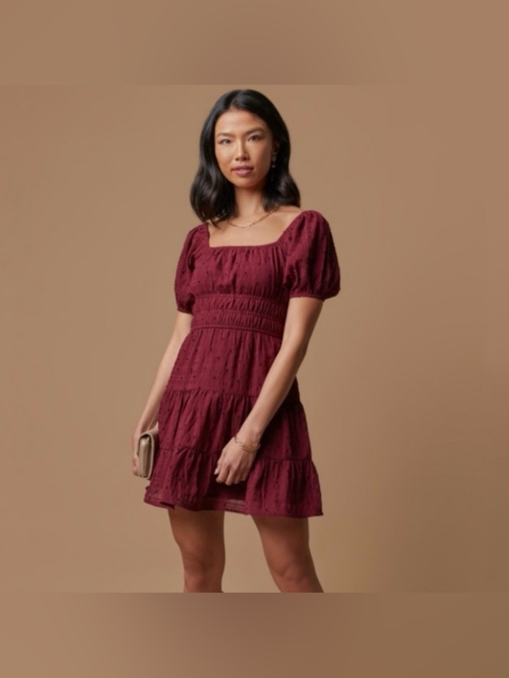 Francesca's Collections Burgundy Square-Neck Tiered Mini Dress